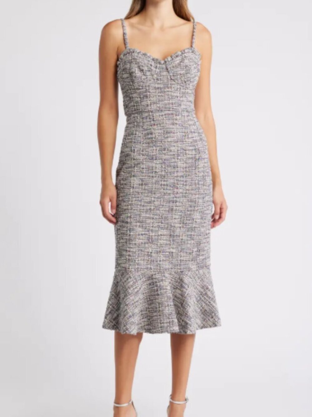 Hutch Selene Gray Tweed Sweetheart Midi Dress Size 10 Flounced Hem Boho Feminine